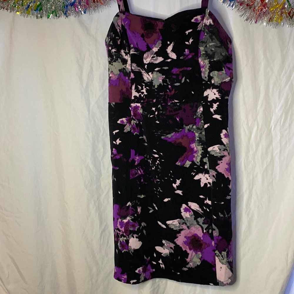 Vintage Lane Bryant Black Floral Mini Dress with Purple and Pink Accents